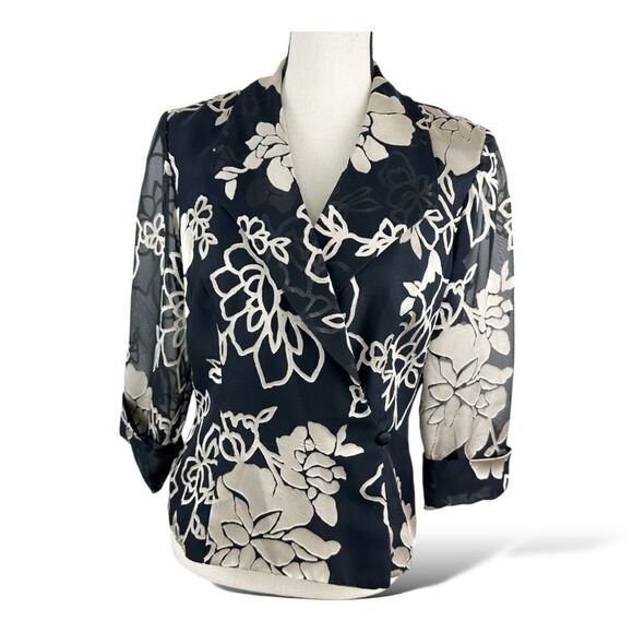 Alex Evenings Lined Blouse/Blazer 3/4 Sheer Sleeve Black/Taupe Floral Y2K Vibe M - Picture 1 of 12